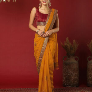 Turmeric Yellow Chiffon Stone Work Swarovski Saree