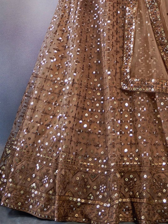 Embroidered Sequinned Semi-Stitched Net Lehenga & Blouse With Dupatta - Image 6