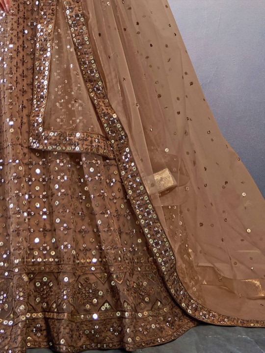 Embroidered Sequinned Semi-Stitched Net Lehenga & Blouse With Dupatta - Image 5