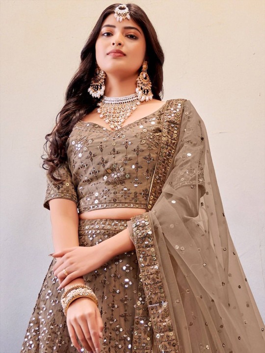 Embroidered Sequinned Semi-Stitched Net Lehenga & Blouse With Dupatta - Image 2