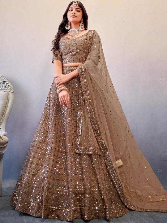 Embroidered Sequinned Semi-Stitched Net Lehenga & Blouse With Dupatta