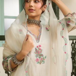 Embroidered Chanderi Kurta with Pants - Set of 2